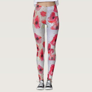 Leggings Florais De Aquarelas De Papoila Vermelha