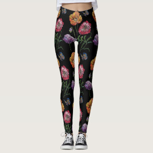 Leggings Florais De Cor Floral Preta-Laranja