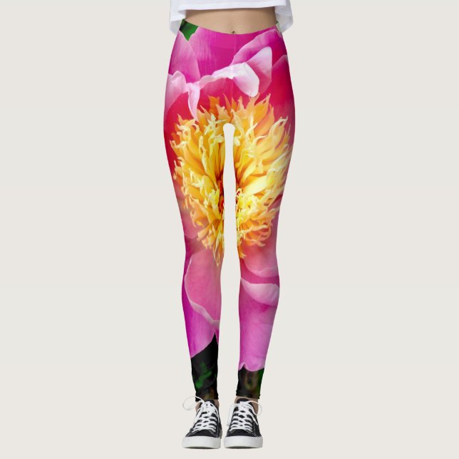 Leggings Florais de Dália Rosa e Amarela (Frente)