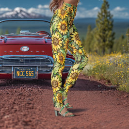 Leggings Florais de Girassol Vintage Art Nouveau