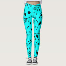 Leggings Florais de Linha Preta e Turquesa Retro