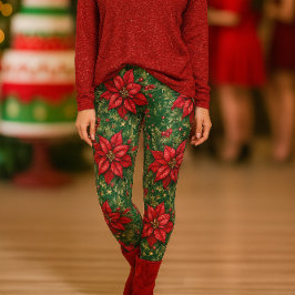 Leggings Florais de Natal Verde Vermelho Poinsetti