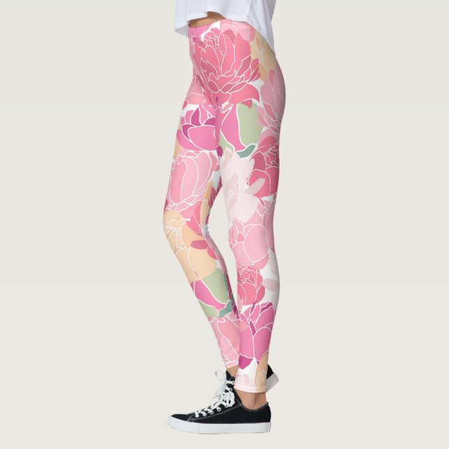 Leggings Florais de Peony Rosa, Amarelo (Esquerda)