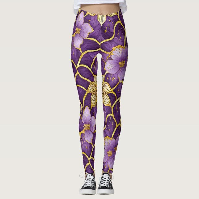 Leggings Florais Japonesas Roxo Dourado (Frente)