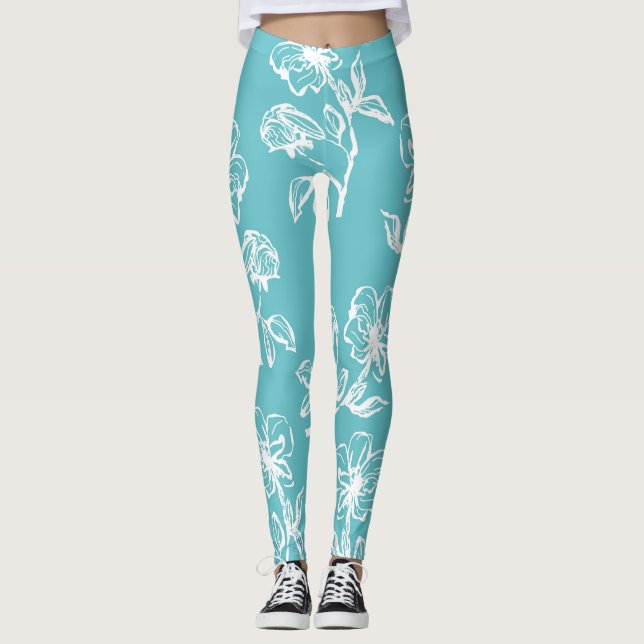 Leggings Florais Lindas Azuis Aqua (Frente)