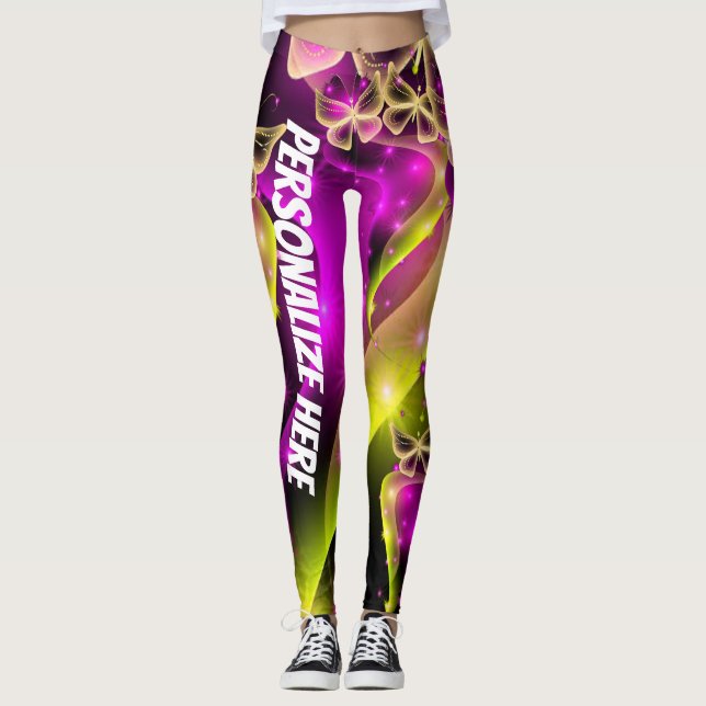 Leggings Florais Personalizadas da Borboleta Neon (Frente)