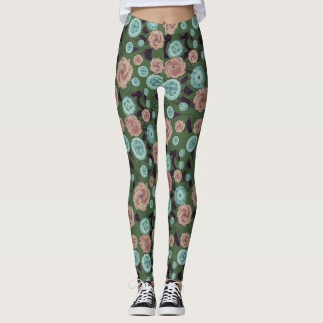 Leggings Florais Verde Água e Rosa (Frente)