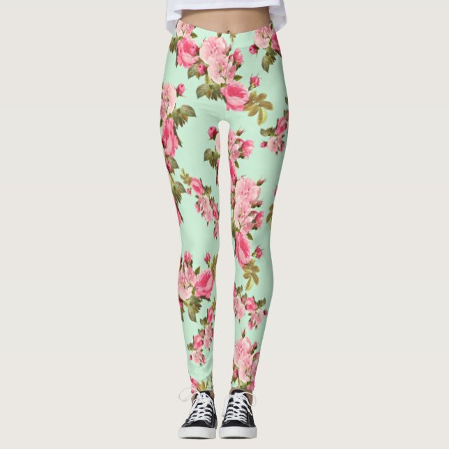 Leggings Florais Verdes e Cor-de-Rosa do Estilo Vi (Frente)