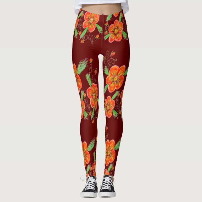 Leggings Flores De Vinho Vermelho (Frente)
