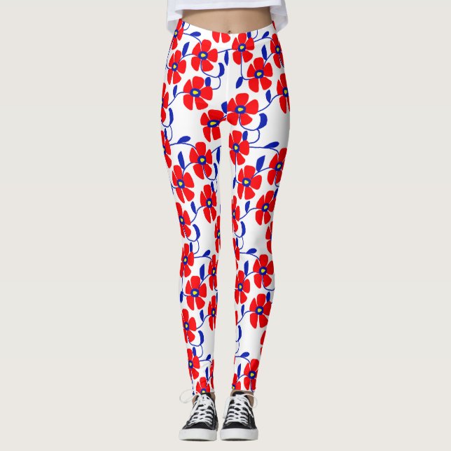Leggings Flores Vermelhas Vinhas Azuis (Frente)