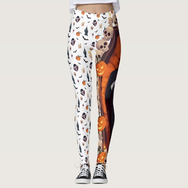 🦇 Leggings Góticas de Halloween 🎃 brancas 🖤 (Frente)