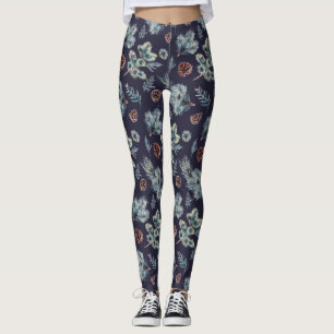 Leggings ilustradas por árvore marinho azul e pinh