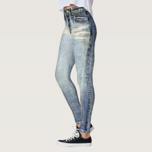Leggings Impressas com Jeans Lavados Desgastados