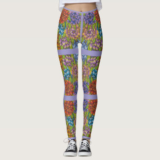 Leggings Liláticas Com Flores e Stripes Coloridas