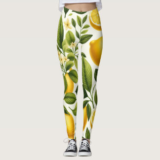 Leggings - Limões, Folhas Verdes, Flores