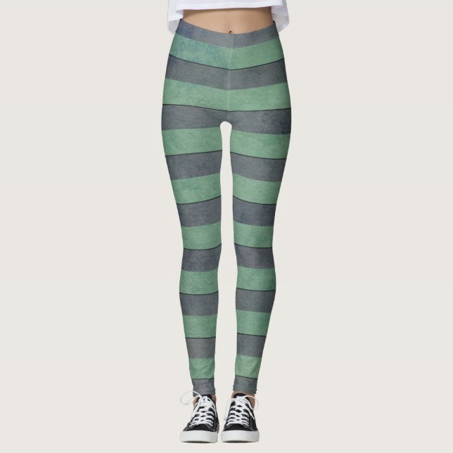 Leggings listradas médias verdes e cinza escuro (Frente)