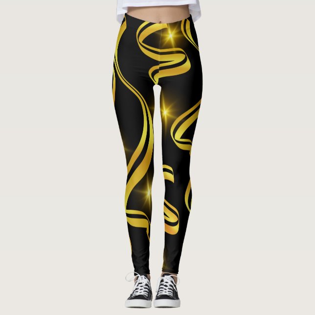 Leggings Meia-Noite com Faixa Dourada (Frente)