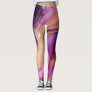 Leggings Modernas Abstratas Rosa Roxo e Dourado