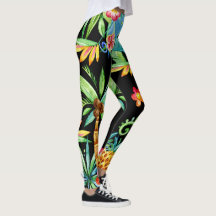 Leggings Negras Exóticas Tropicais Florais