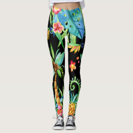 Leggings Negras Exóticas Tropicais Florais