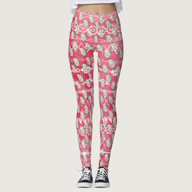 Leggings Padrão Aztec, Rosa Rosa Rosa Rosa Rosa Ro (Frente)