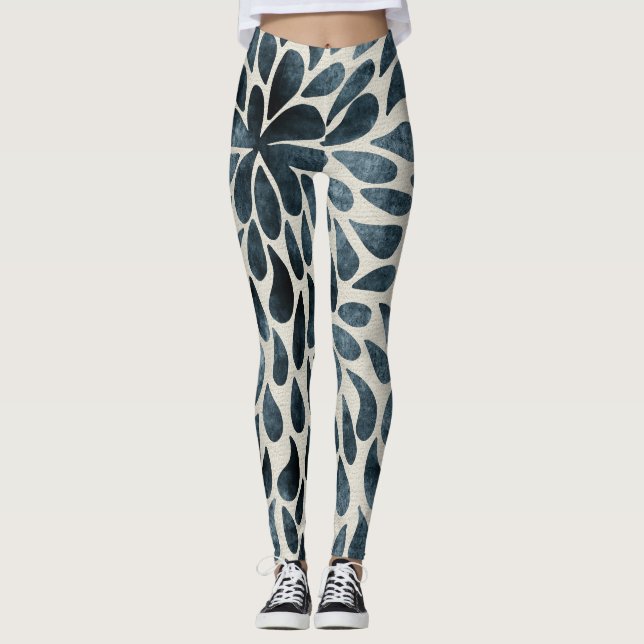 Leggings Padrão Petal Floral Azul Meia-Noite (Frente)
