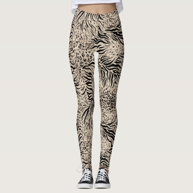 Leggings para mulheres impressas em Beige Zebra (Frente)