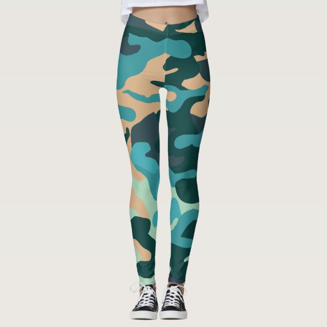 Leggings personalizadas de camuflagem azul, verde (Frente)