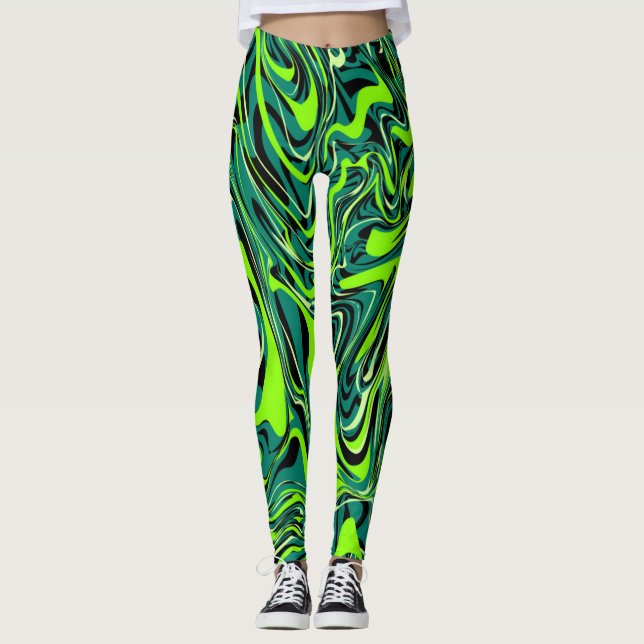 Leggings pintadas por abstrato líquido verde (Frente)