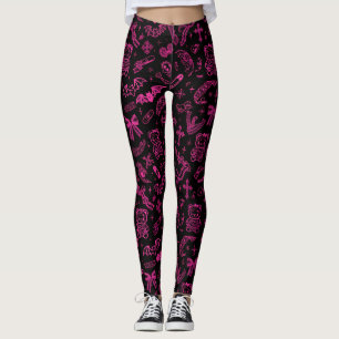 Leggings Preta e Rosa Goth Doodle Morcegos Laços