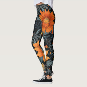 Leggings pretas com flores laranja vibrantes