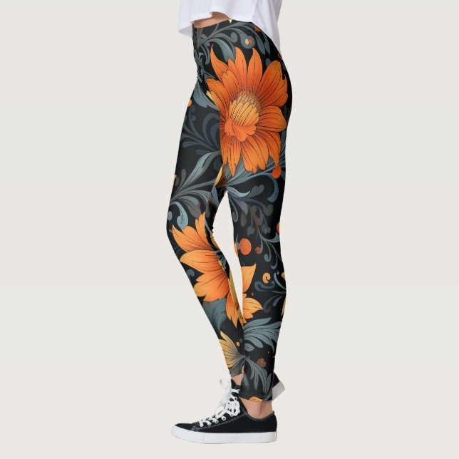 Leggings pretas com flores laranja vibrantes  (Esquerda)