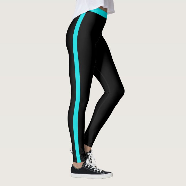 Leggings Pretas com Listra Lateral Azul Turquesa - (Direita)