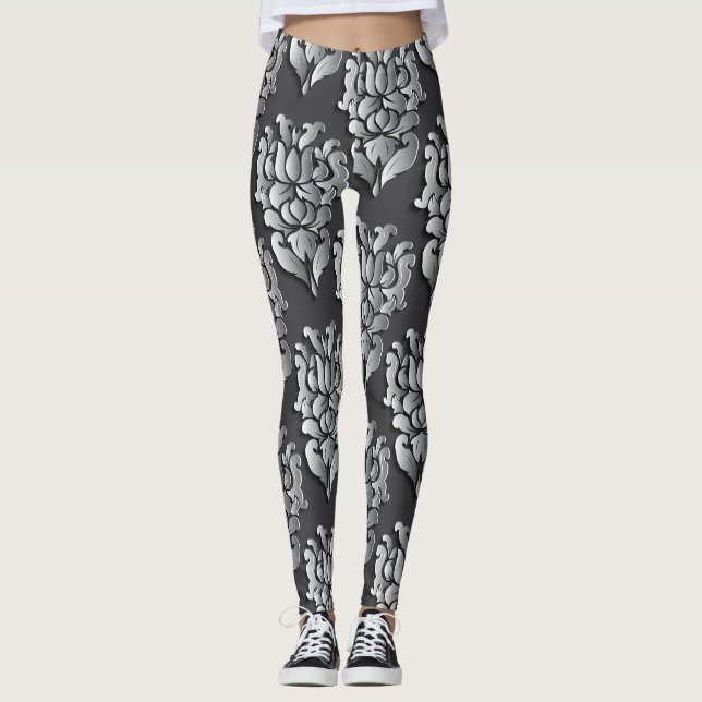 Leggings pretas de Damasco feminino (Frente)