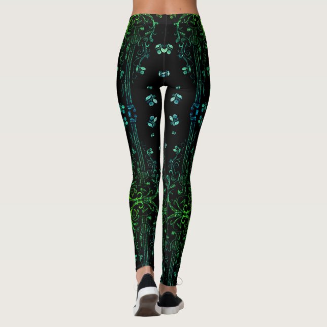 Leggings Pretas de Violão Floral Verde (Verso)