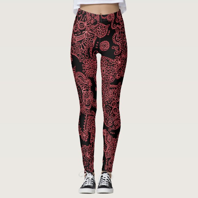 Leggings Pretas e Vermelhas com Caveira Femininas (Frente)