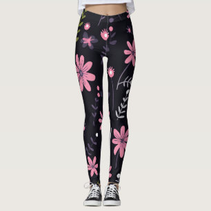 Leggings pretas femininas com Impressão cor-de-ros