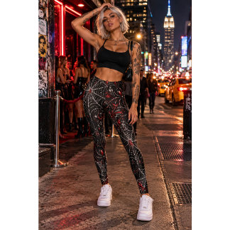 Leggings Pretas Vermelhas Góticas com Teia de Aran