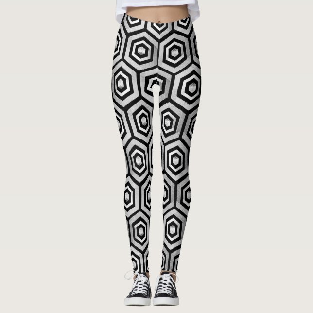 Leggings Preto Branco Padrão Geométrico Hexágono (Frente)