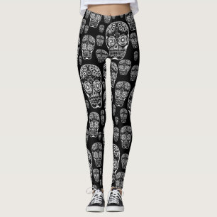 Leggings Preto e Branco de Crânio Açucarado