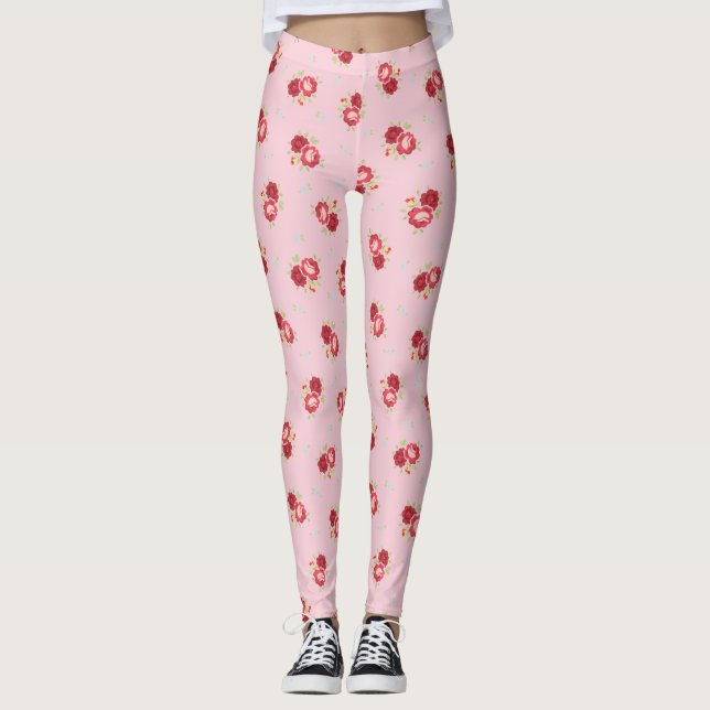 Leggings rosa de padrão de Rosa vermelha de vinhet (Frente)