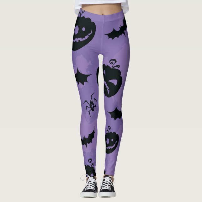Leggings roxos de Halloween com criaturas booo (Frente)