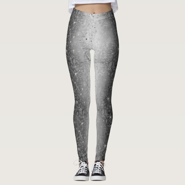 Leggings Sparkle de brilho metálico preto e branco (Frente)