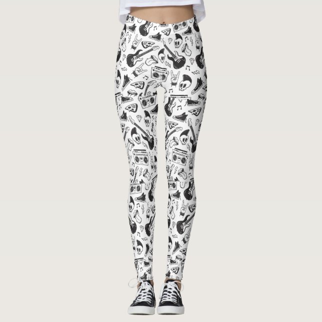 Leggings temáticas de Rock & Roll - preto e branco (Frente)