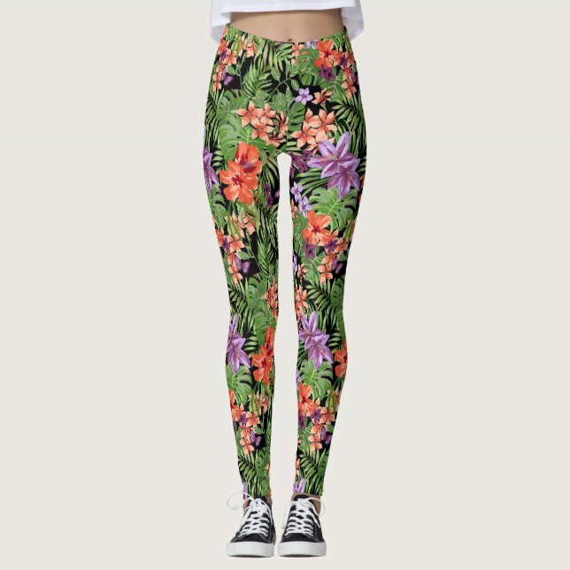 Leggings tropicais de Beach Babe com fundo preto (Frente)