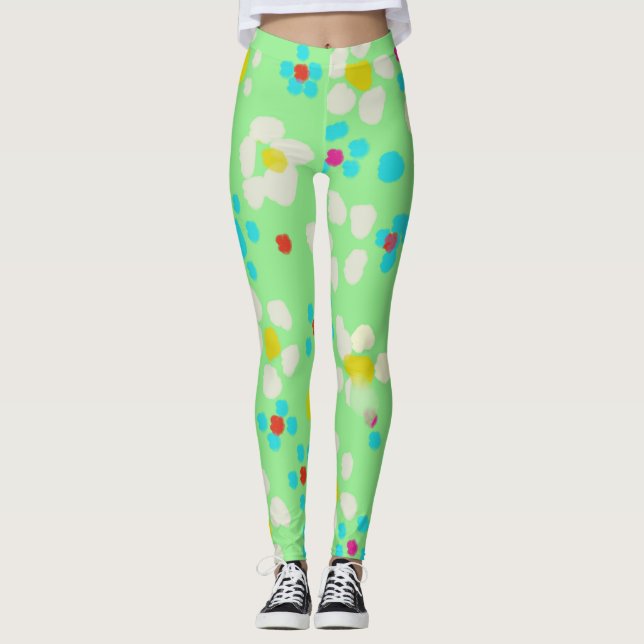 Leggings Verde-Menta com Estampa Floral e Bolinhas (Frente)