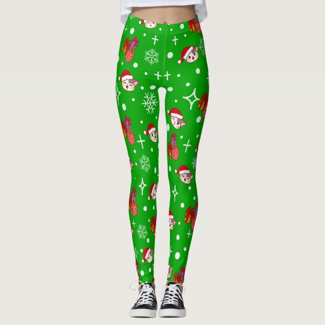 Leggings verdes de Gatinho de Natal giro (Frente)
