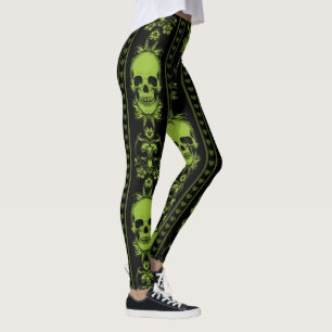 Leggings verdes padrão de estrias de crânio do Bar