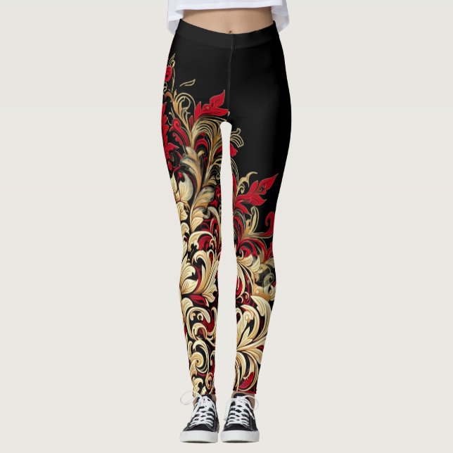 Leggings Vermelhas e Pretas Estilo Damask (Frente)