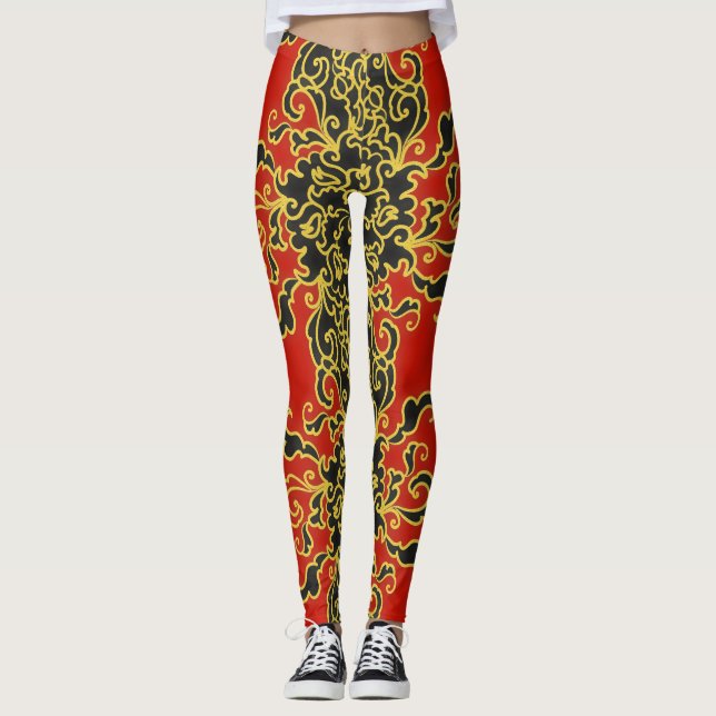 Leggings Vermelhas Trendy de Arte Neon Line (Frente)